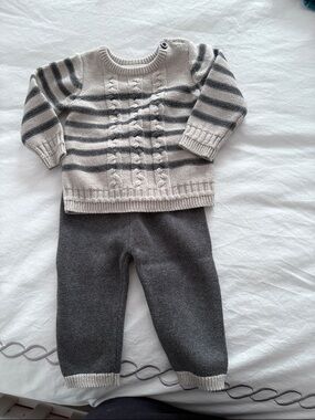Neutral Gray & Cream Striped Kids Matching Set